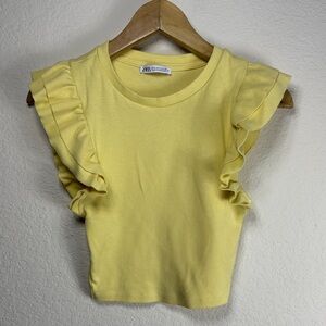 Zara Light Yellow Ruffle Sleeve Crop Top